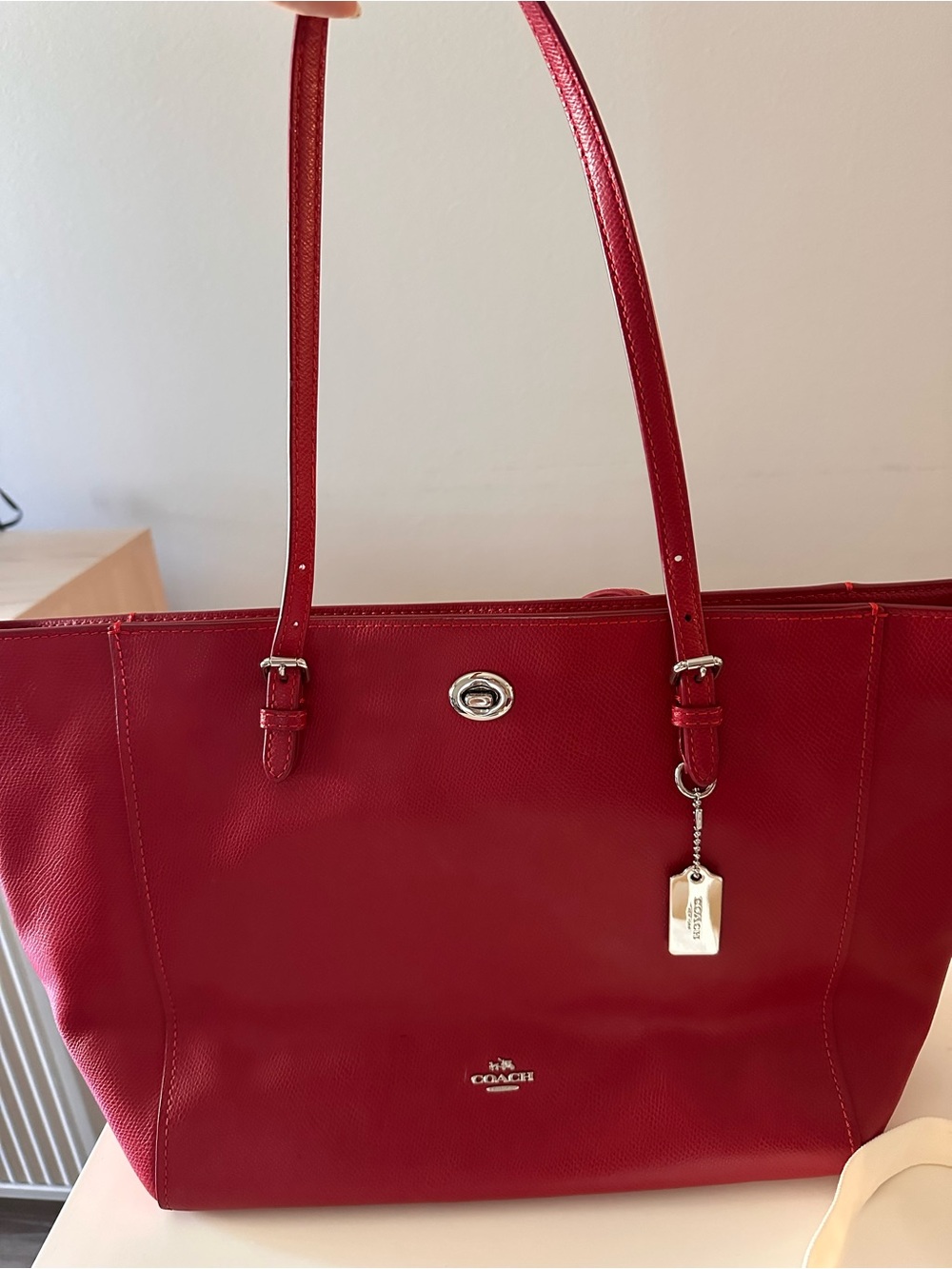 Coach Red Leather Tote with Silver Charm